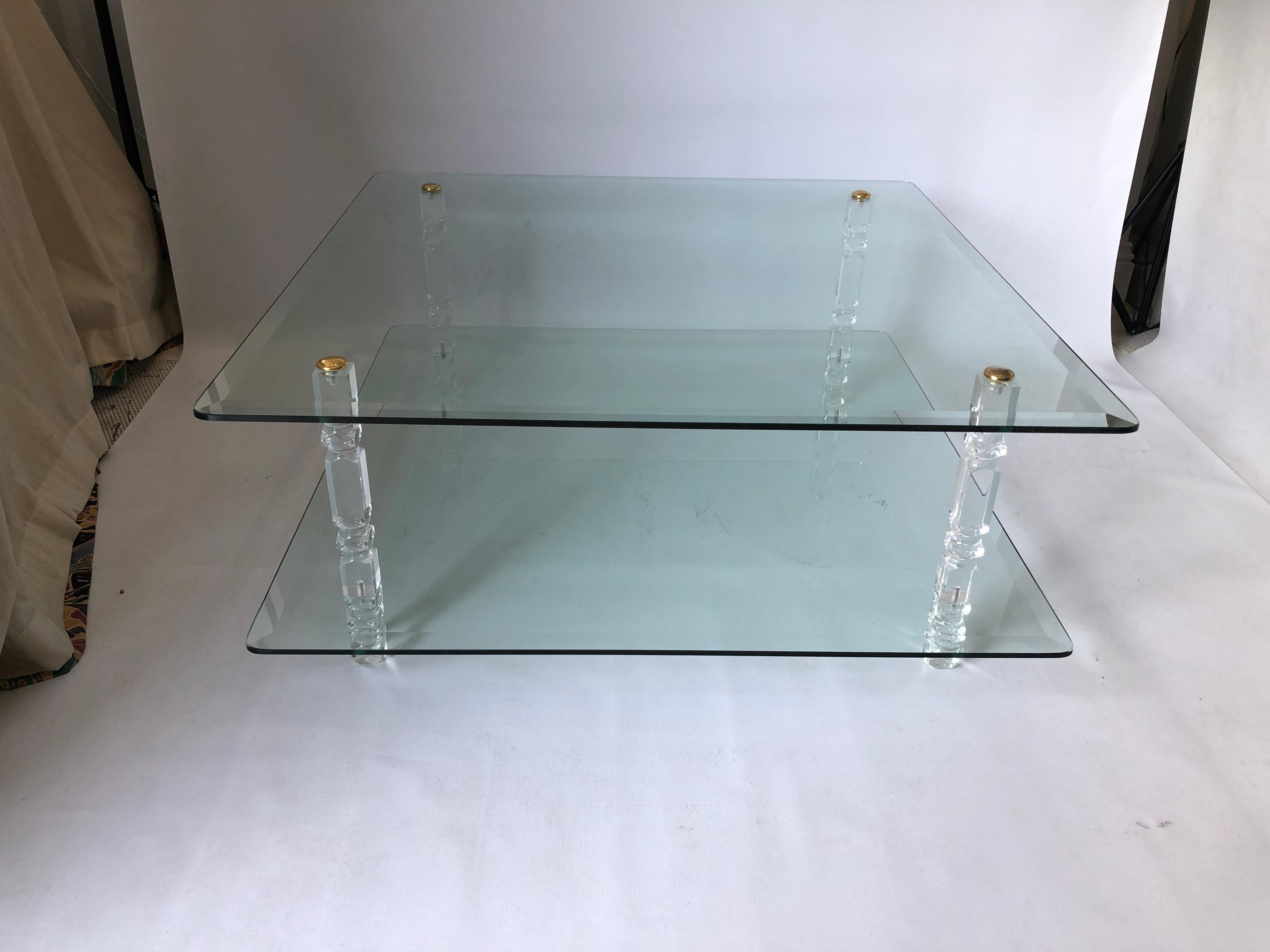 American Two-Tier Lucite Glass Brass Coffee Table 1970s Modernist Charles Hollis Jones For Sale