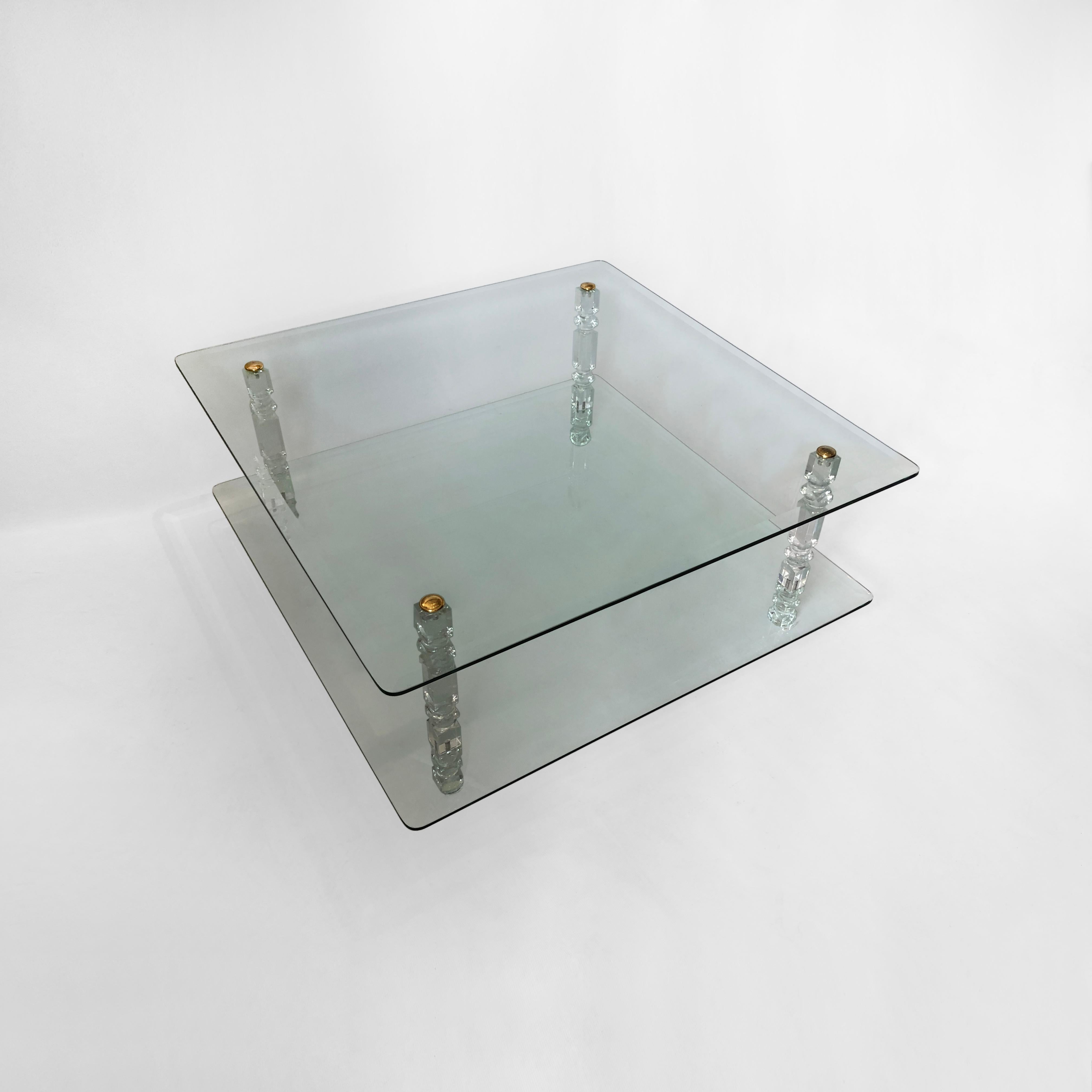 American Two-Tier Lucite Glass Brass Coffee Table 1970s Modernist Charles Hollis Jones For Sale