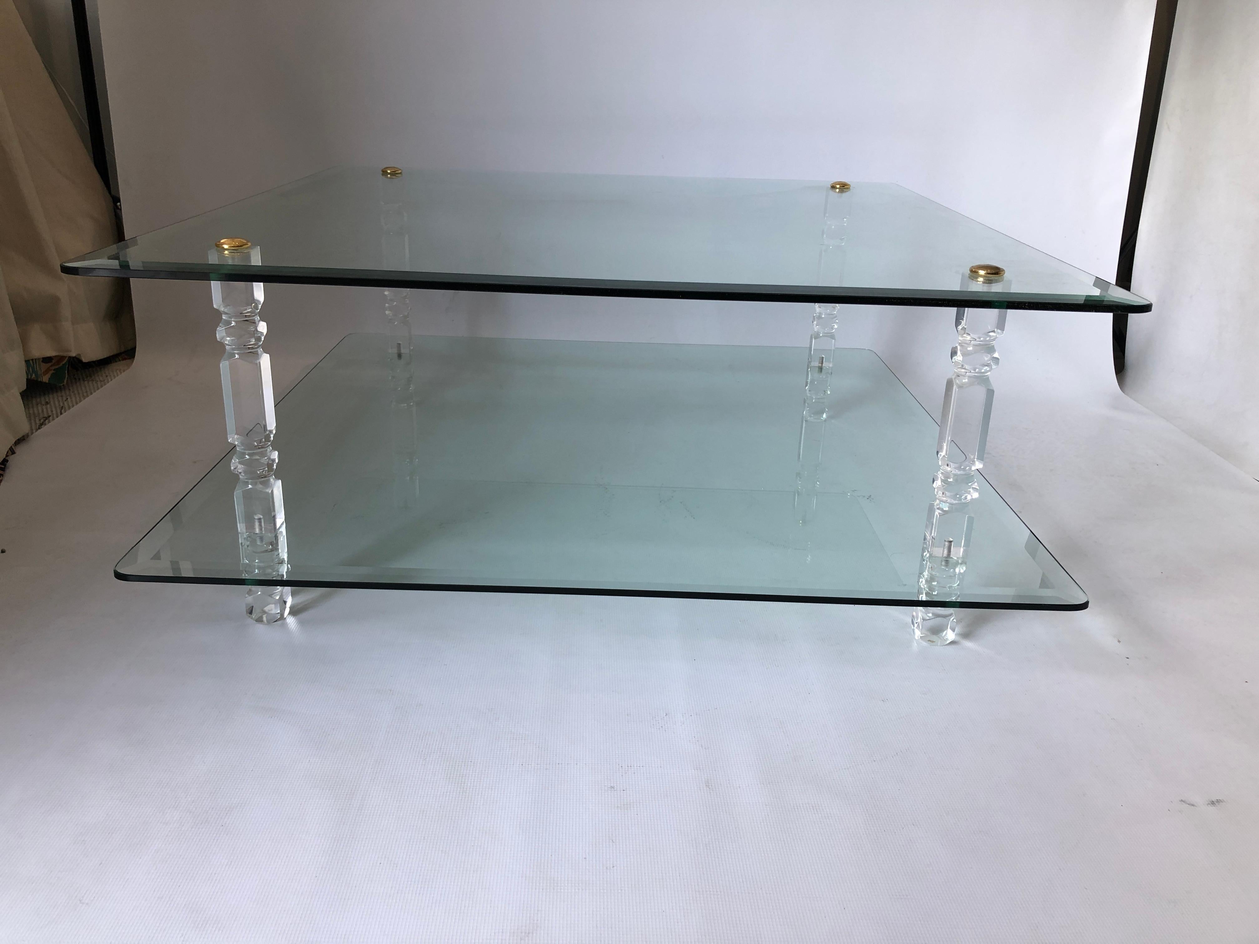 Two-Tier Lucite Glass Brass Coffee Table 1970s Modernist Charles Hollis Jones In Good Condition For Sale In London, GB