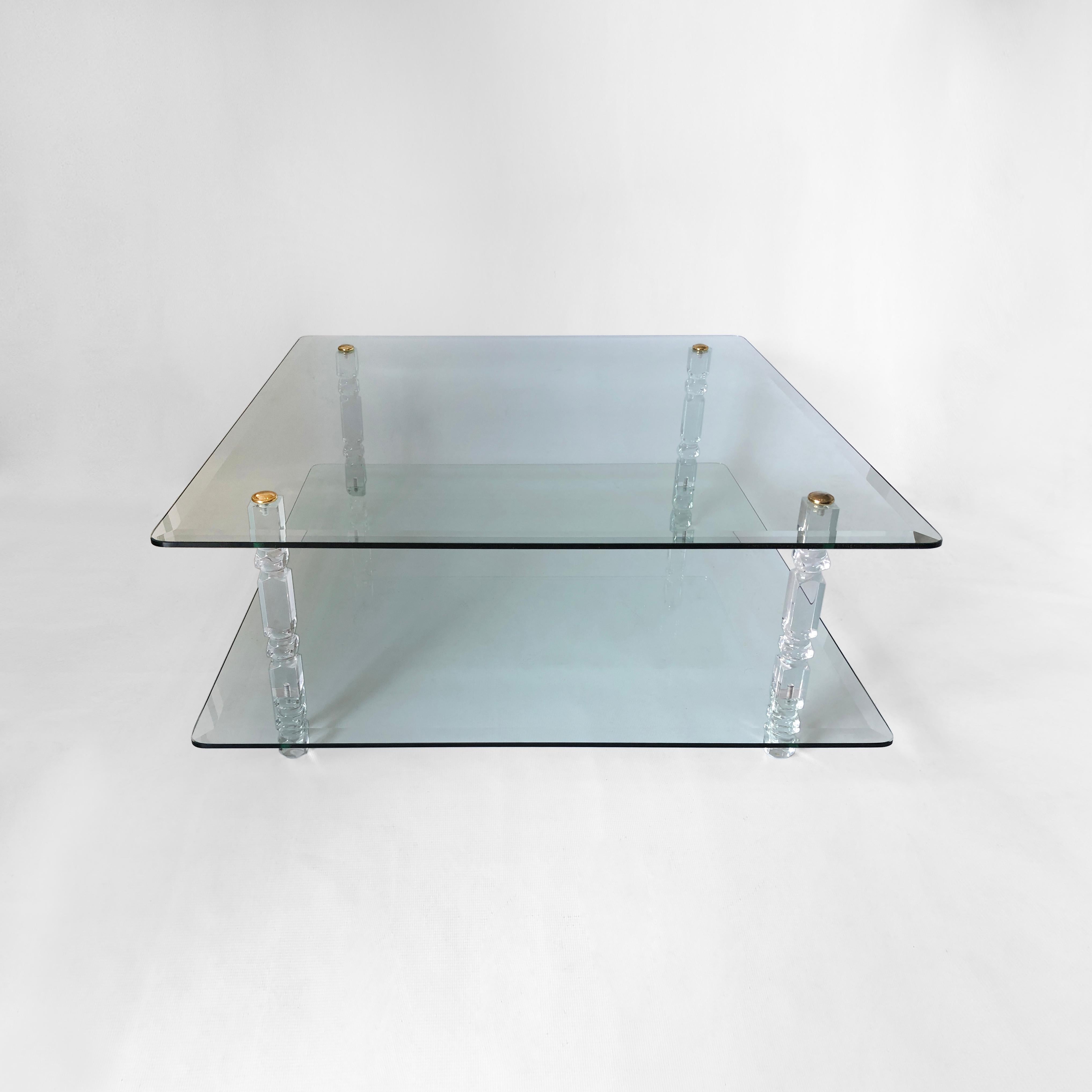 Two-Tier Lucite Glass Brass Coffee Table 1970s Modernist Charles Hollis Jones In Good Condition For Sale In London, GB