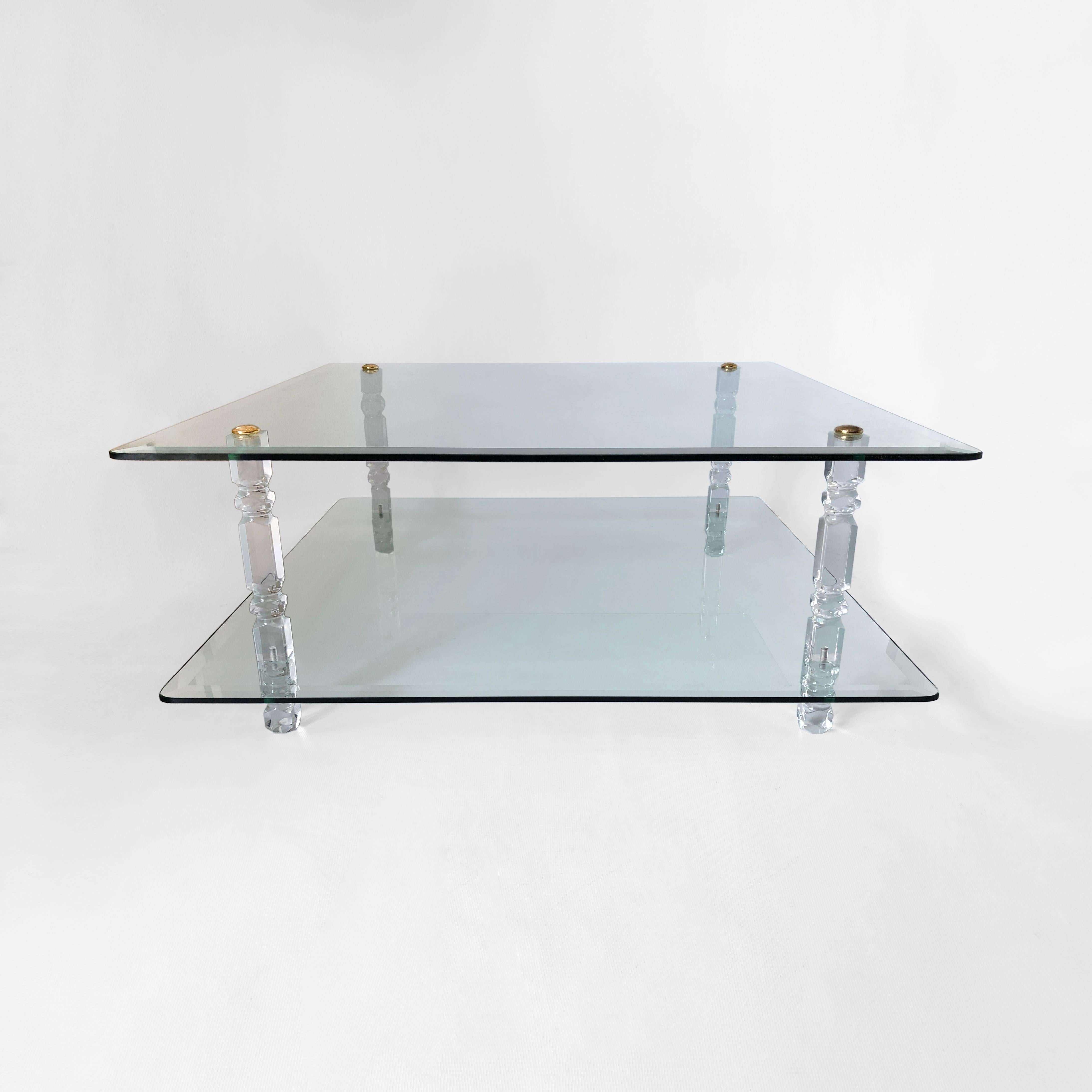 Late 20th Century Two-Tier Lucite Glass Brass Coffee Table 1970s Modernist Charles Hollis Jones For Sale