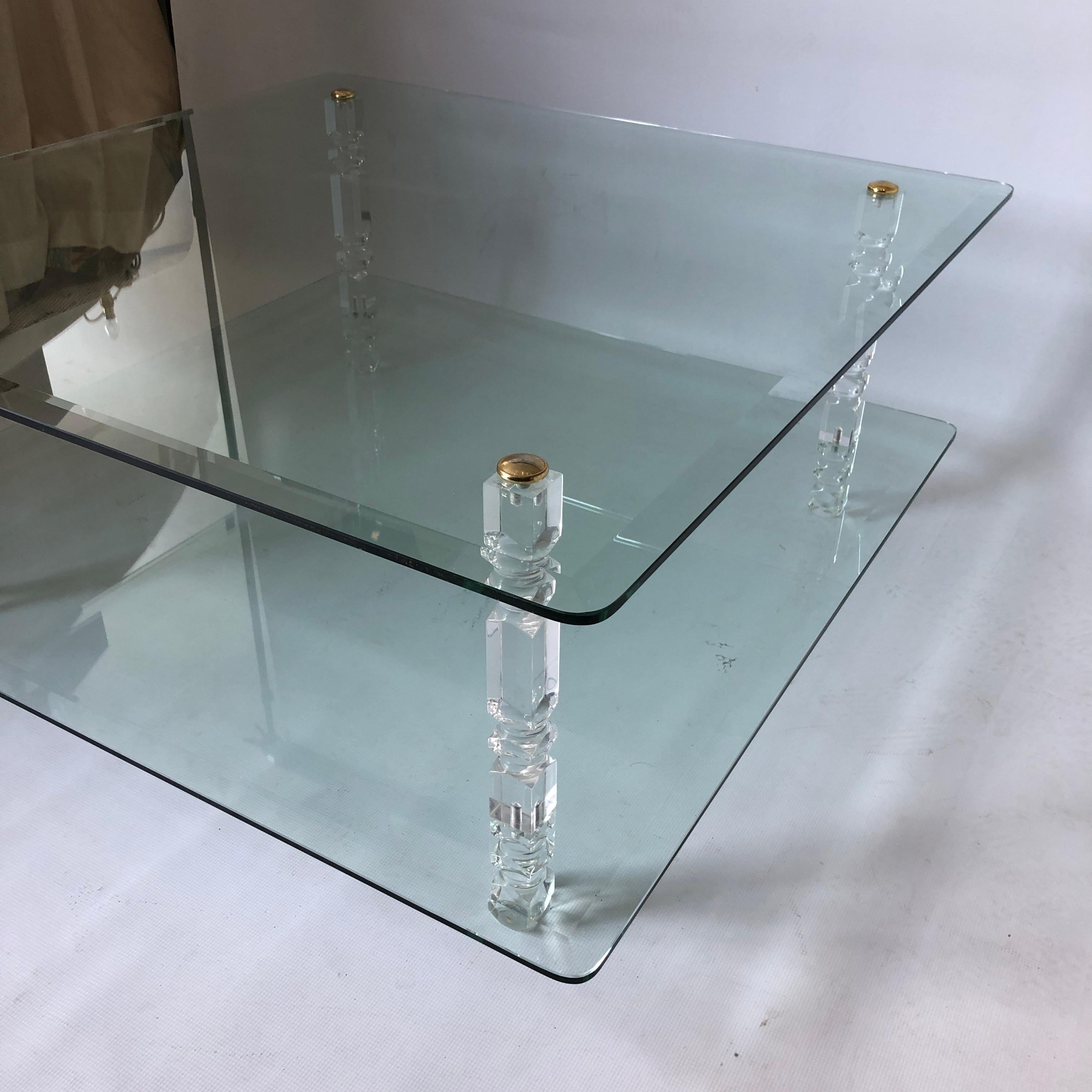 Two-Tier Lucite Glass Brass Coffee Table 1970s Modernist Charles Hollis Jones For Sale 3
