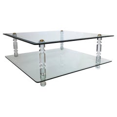 Vintage Two Tier Lucite Glass Brass Coffee Table 1970s Modernist Charles Hollis Jones