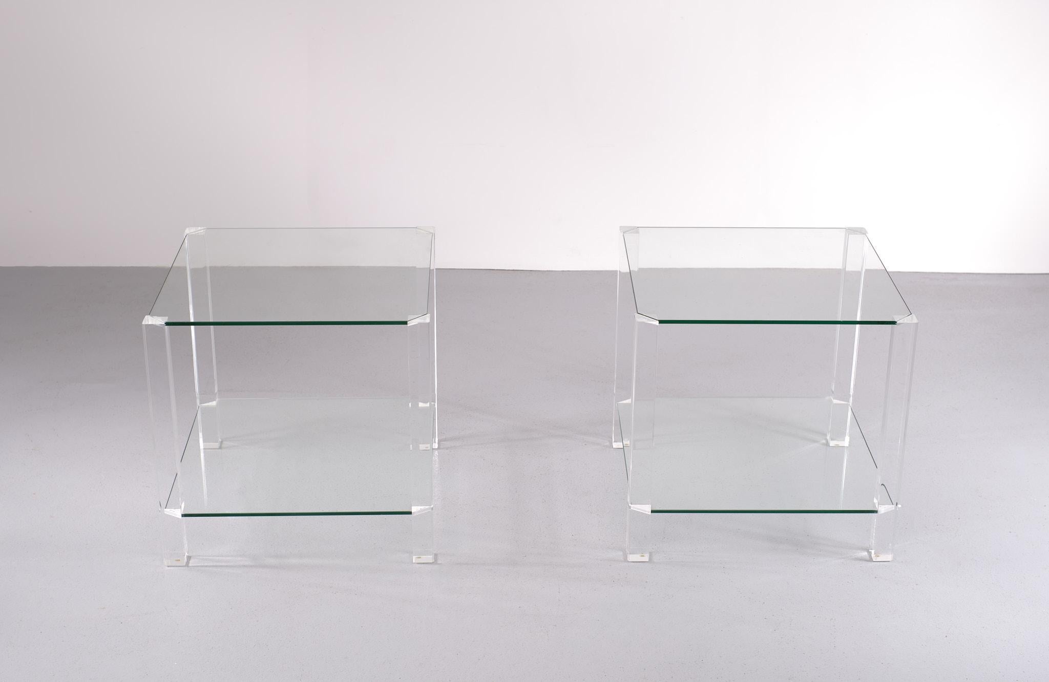 Two Tier Lucite Glass Square Side Tables, 1970s, France In Good Condition For Sale In Den Haag, NL