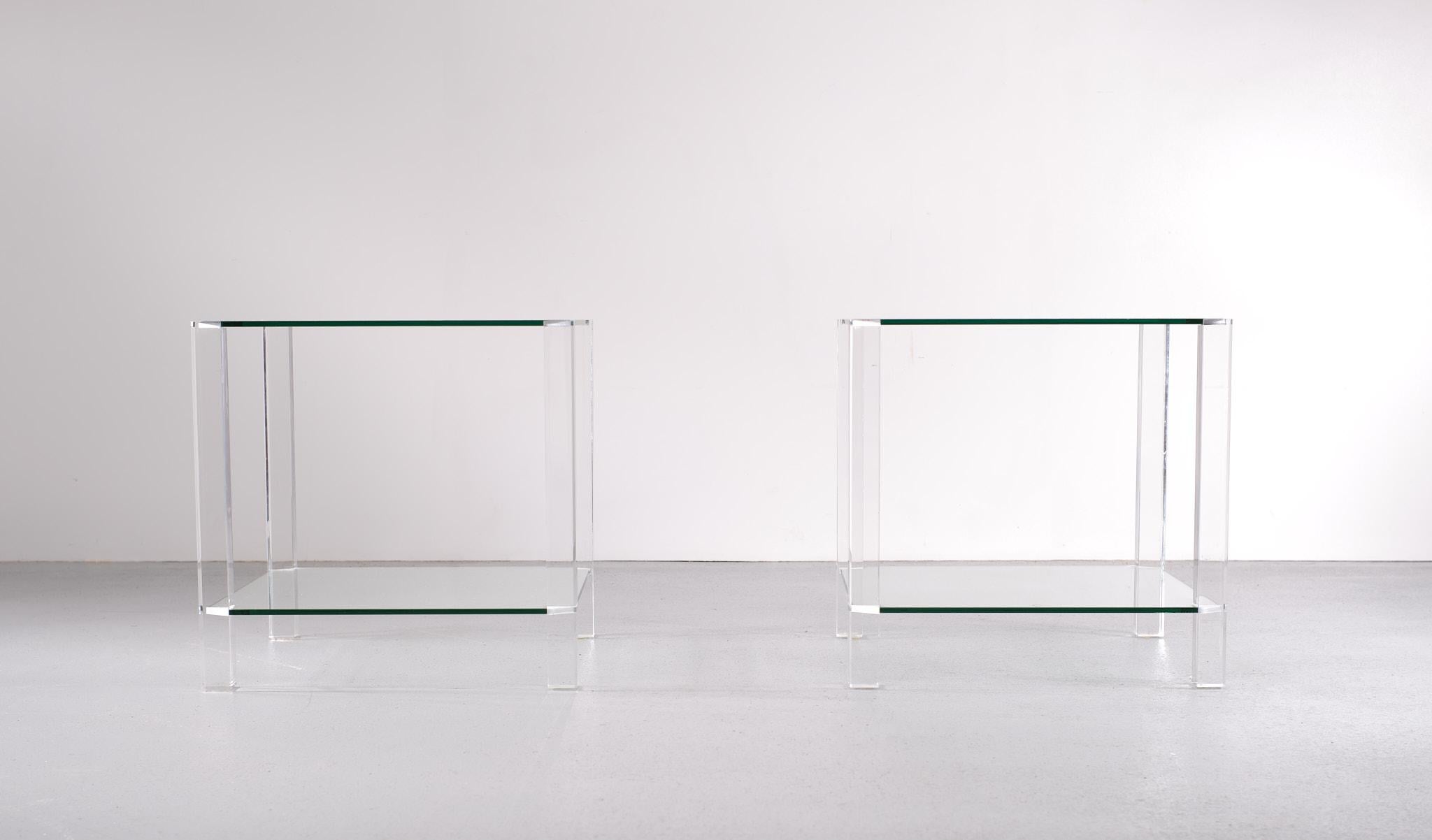 Two Tier Lucite Glass Square Side Tables, 1970s, France For Sale 1