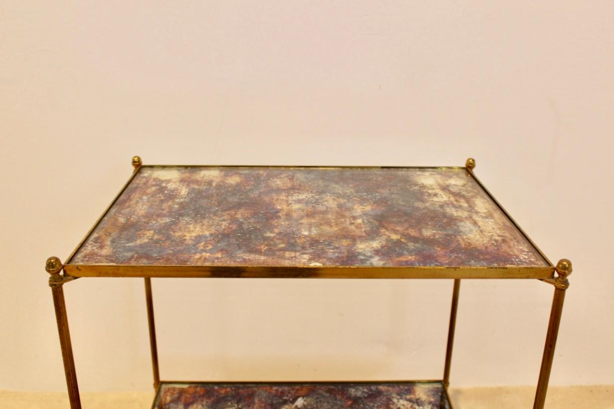 Hollywood Regency Two-Tier Maison Charles Brass Side Table in Bronze Oxided Glass