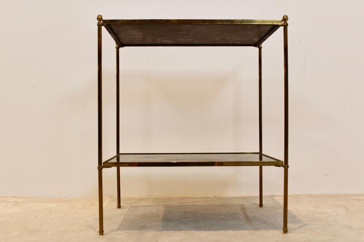 French Two-Tier Maison Charles Brass Side Table in Bronze Oxided Glass