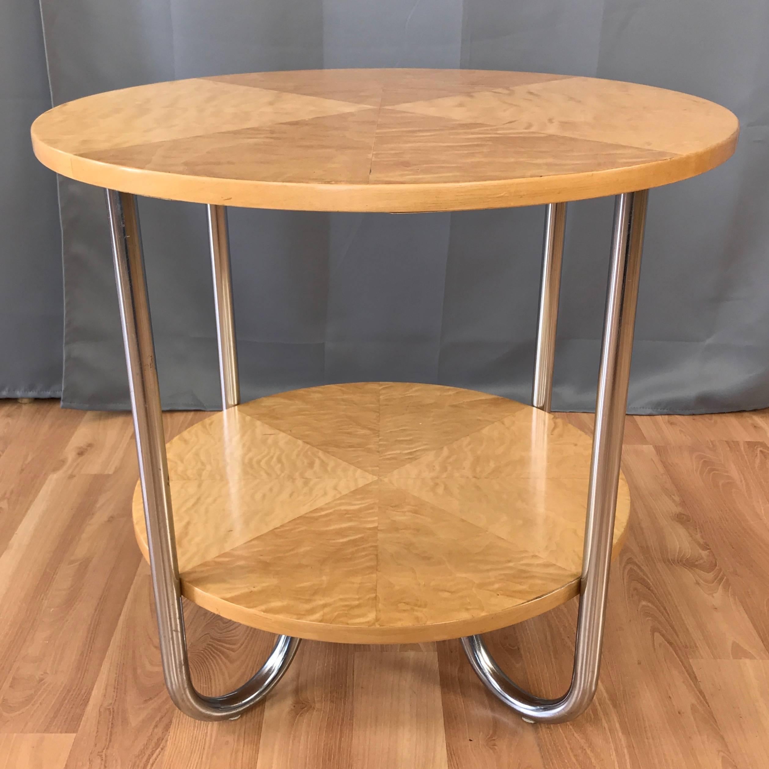 Streamlined Moderne Two-Tier Maple Side Table Attributed to Wolfgang Hoffmann for Royal-Chrome