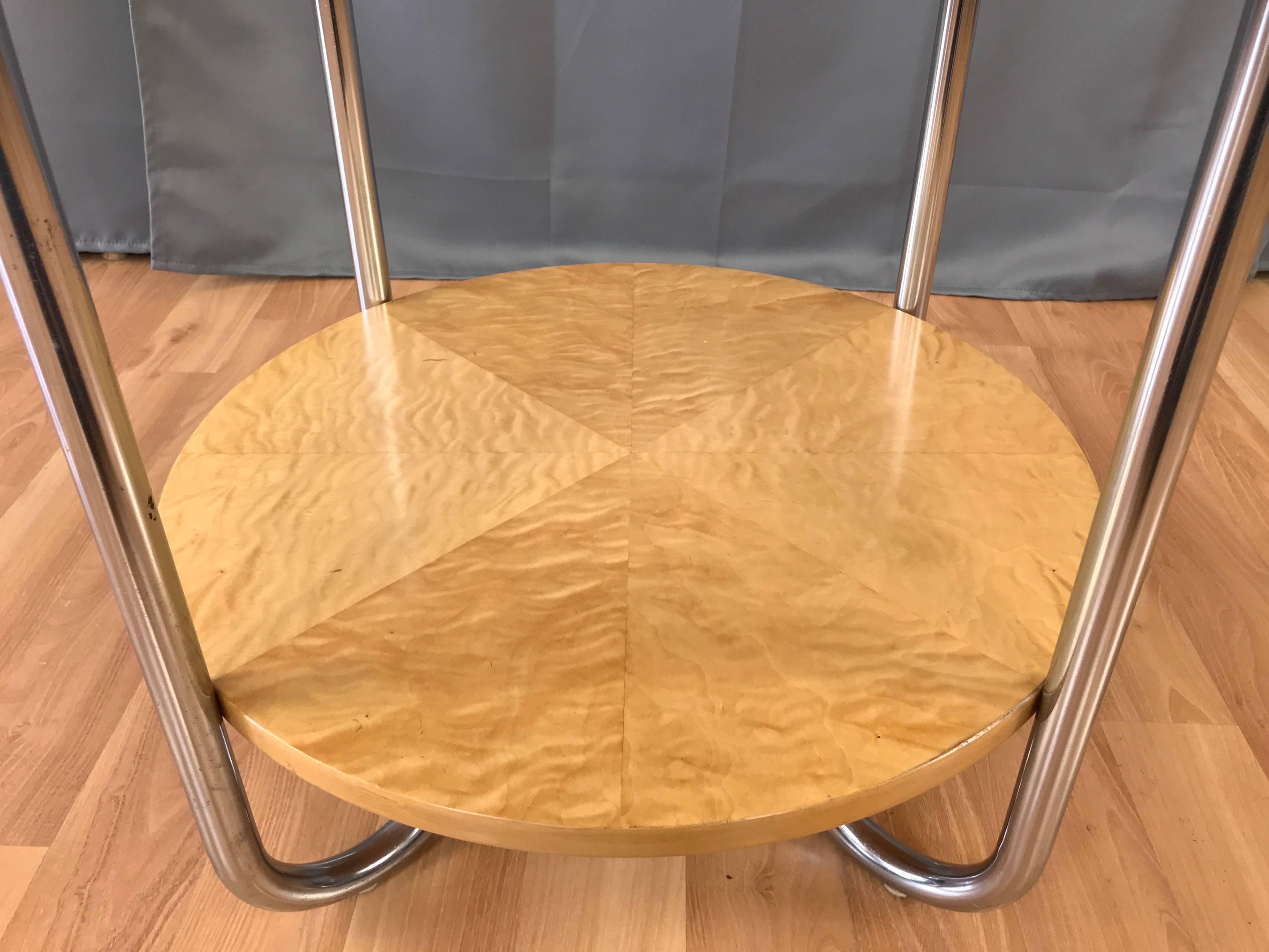 Two-Tier Maple Side Table Attributed to Wolfgang Hoffmann for Royal-Chrome In Good Condition In San Francisco, CA
