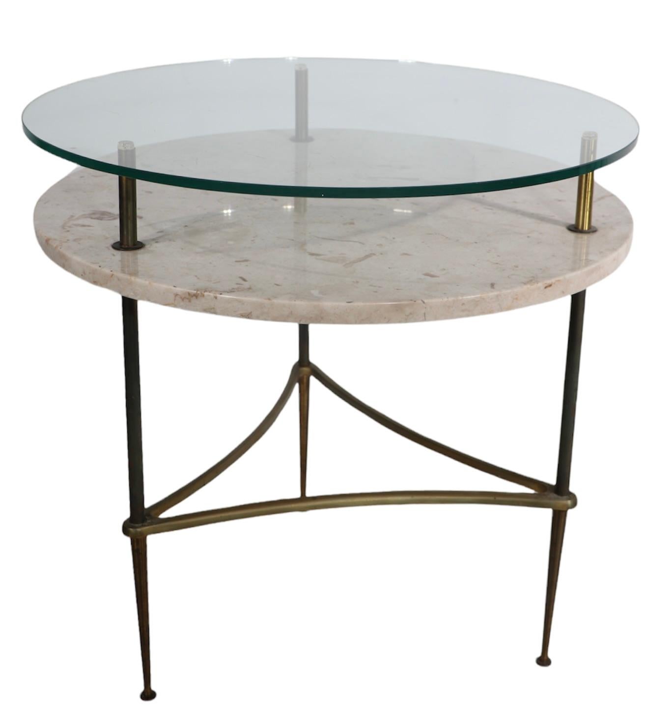 Mid-Century Modern Two Tier Marble Glass Brass Side Table After Ponti For Sale