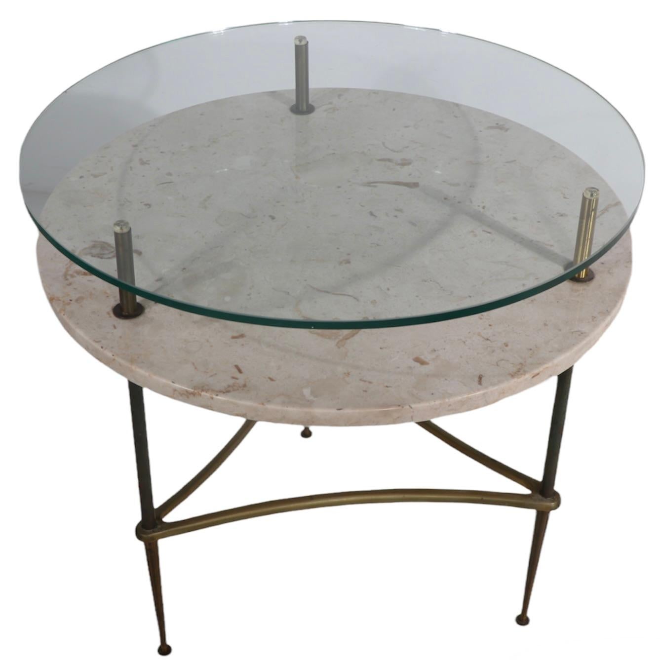 American Two Tier Marble Glass Brass Side Table After Ponti For Sale