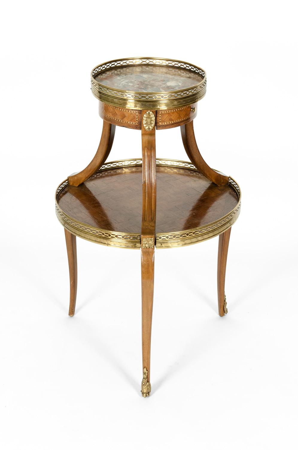 French Two-Tier Marble-Top Marquetry Side or End Table