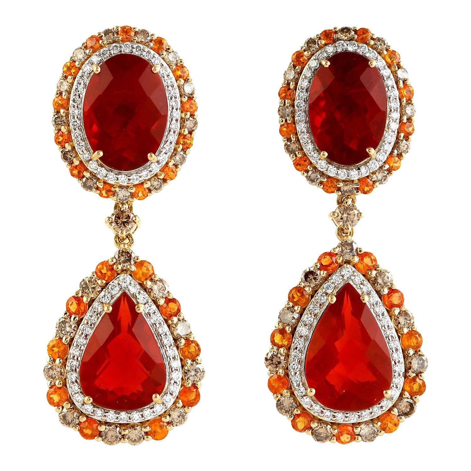 Pendientes de Ópalo de Fuego Mexicano de Dos Tallas con Granate Mandarina en Oro Amarillo de 18k