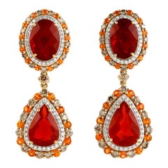 Boucles d'oreilles mexicaines à deux niveaux en or jaune 18 carats et opale de feu avec grenat mandarin