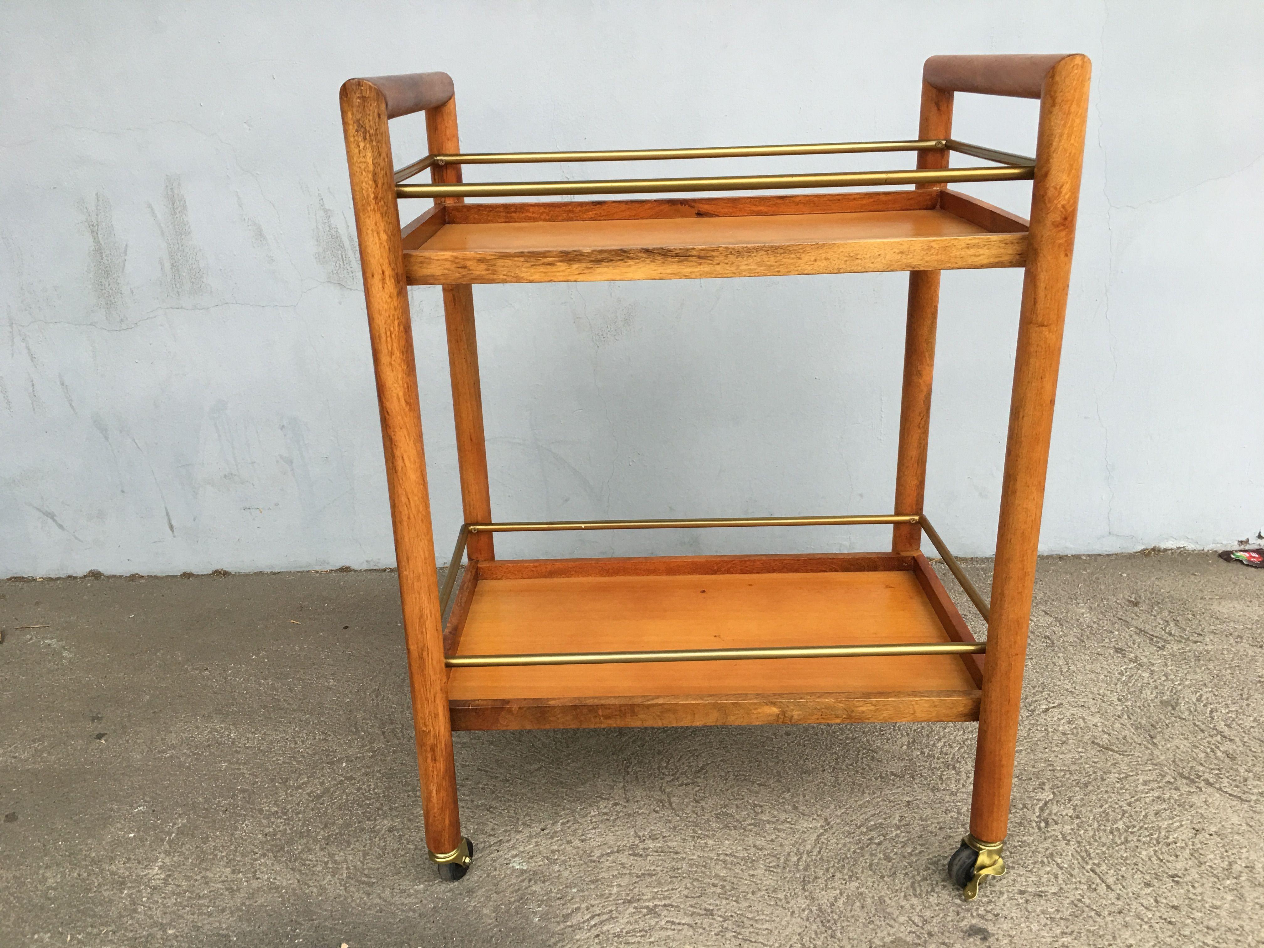 American Two-Tier Midcentury Oak Bar Cart with Brass Railings
