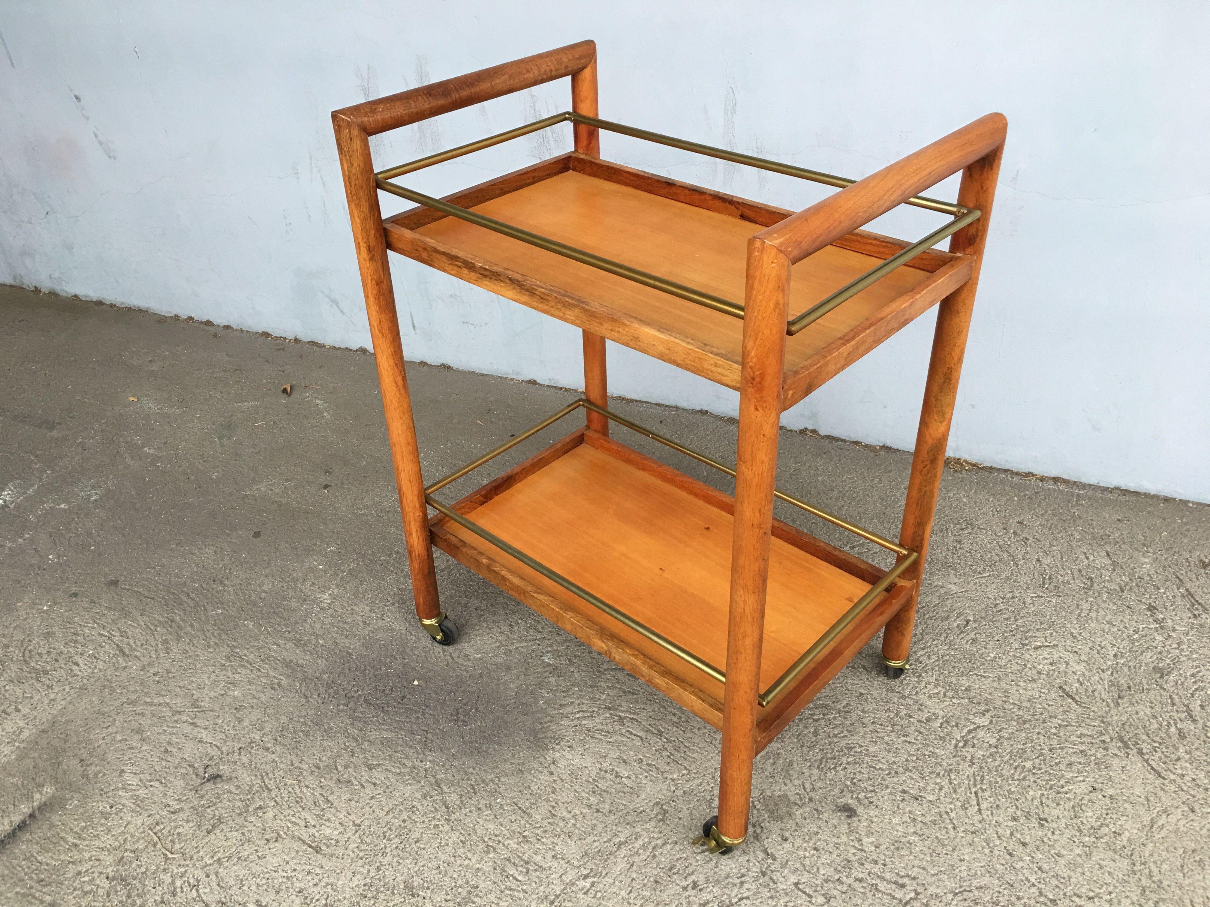 Two-Tier Midcentury Oak Bar Cart with Brass Railings In Excellent Condition In Van Nuys, CA