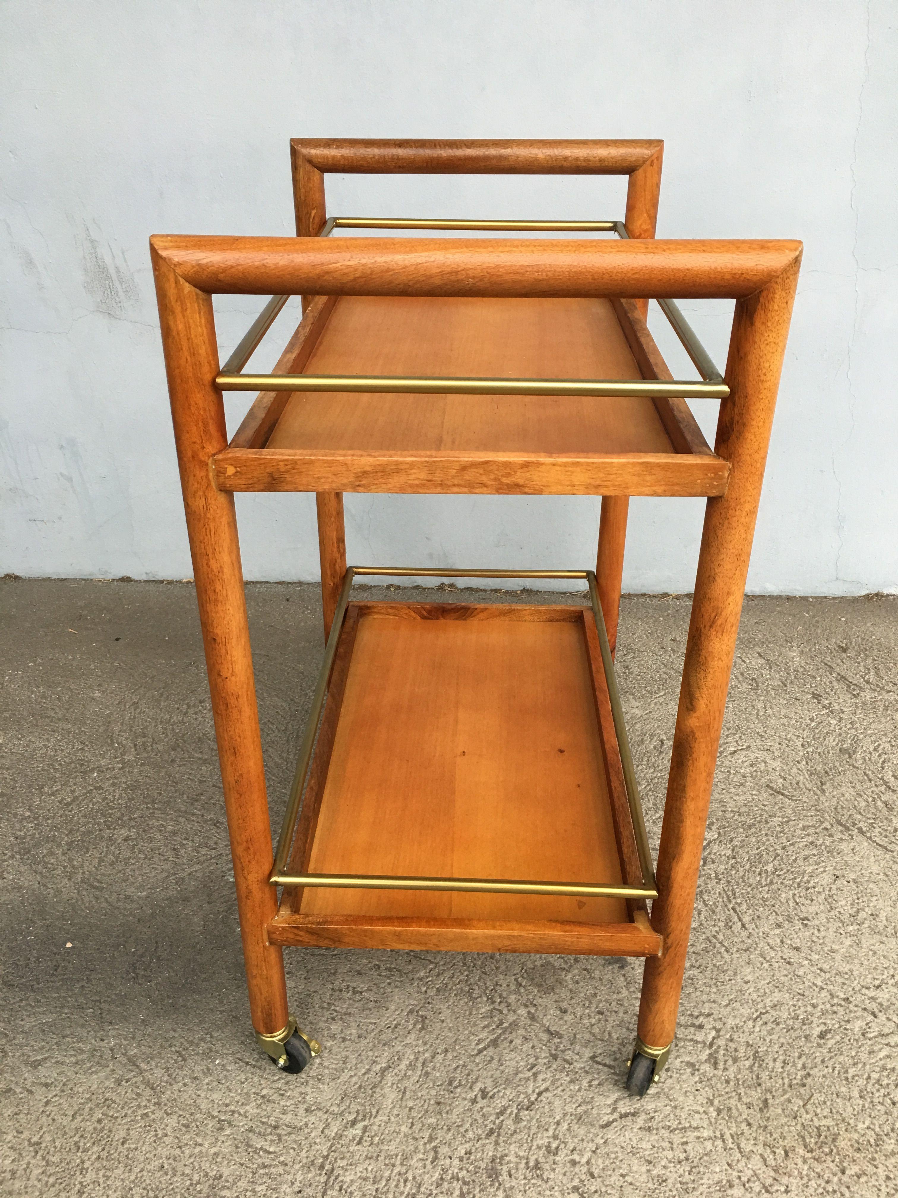 Mid-20th Century Two-Tier Midcentury Oak Bar Cart with Brass Railings