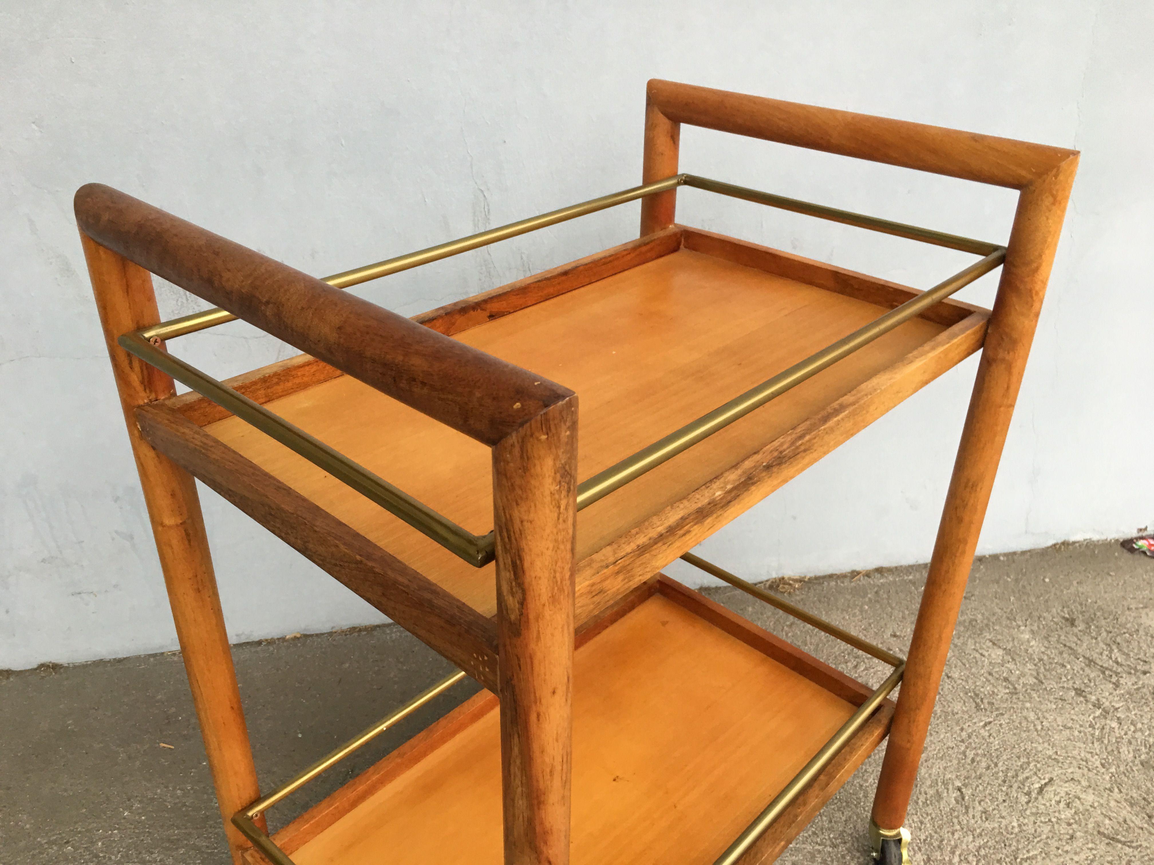 Wood Two-Tier Midcentury Oak Bar Cart with Brass Railings