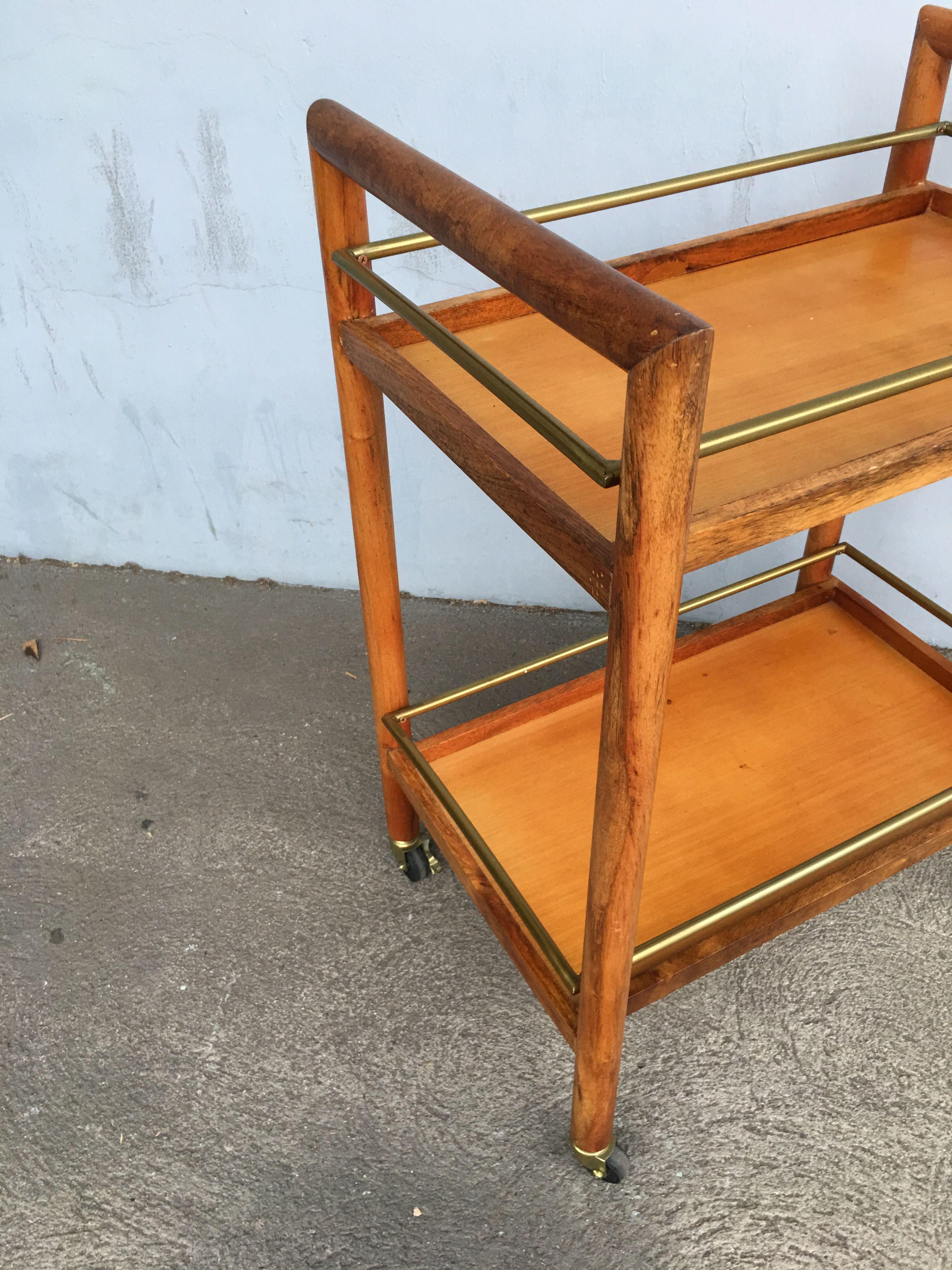 Two-Tier Midcentury Oak Bar Cart with Brass Railings 1