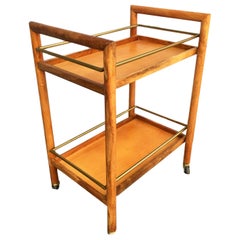 Two-Tier Midcentury Oak Bar Cart with Brass Railings