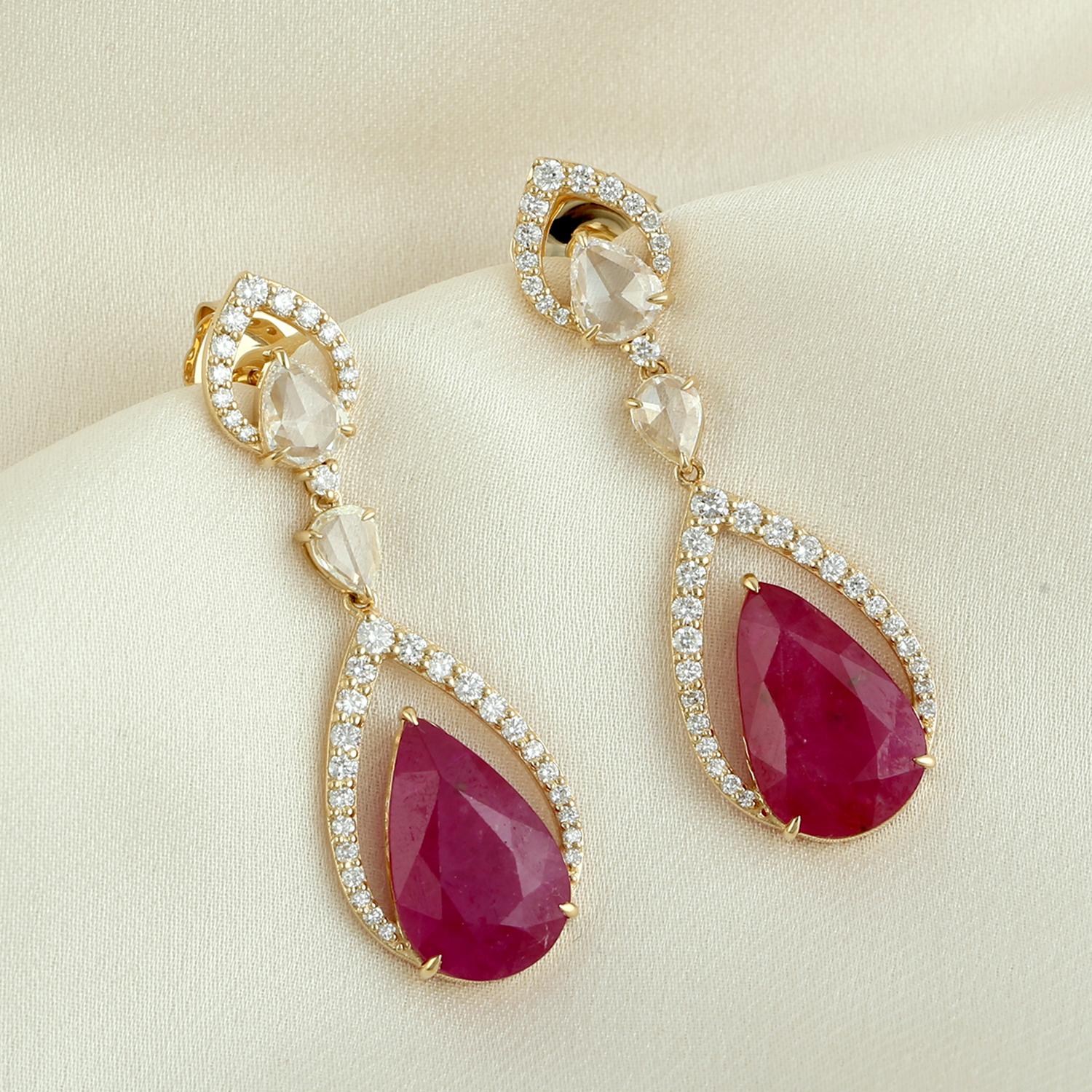 Art Deco Two Tier Mosambic Ruby Dangle Earrings With Diamonds Made In 18k White Gold For Sale