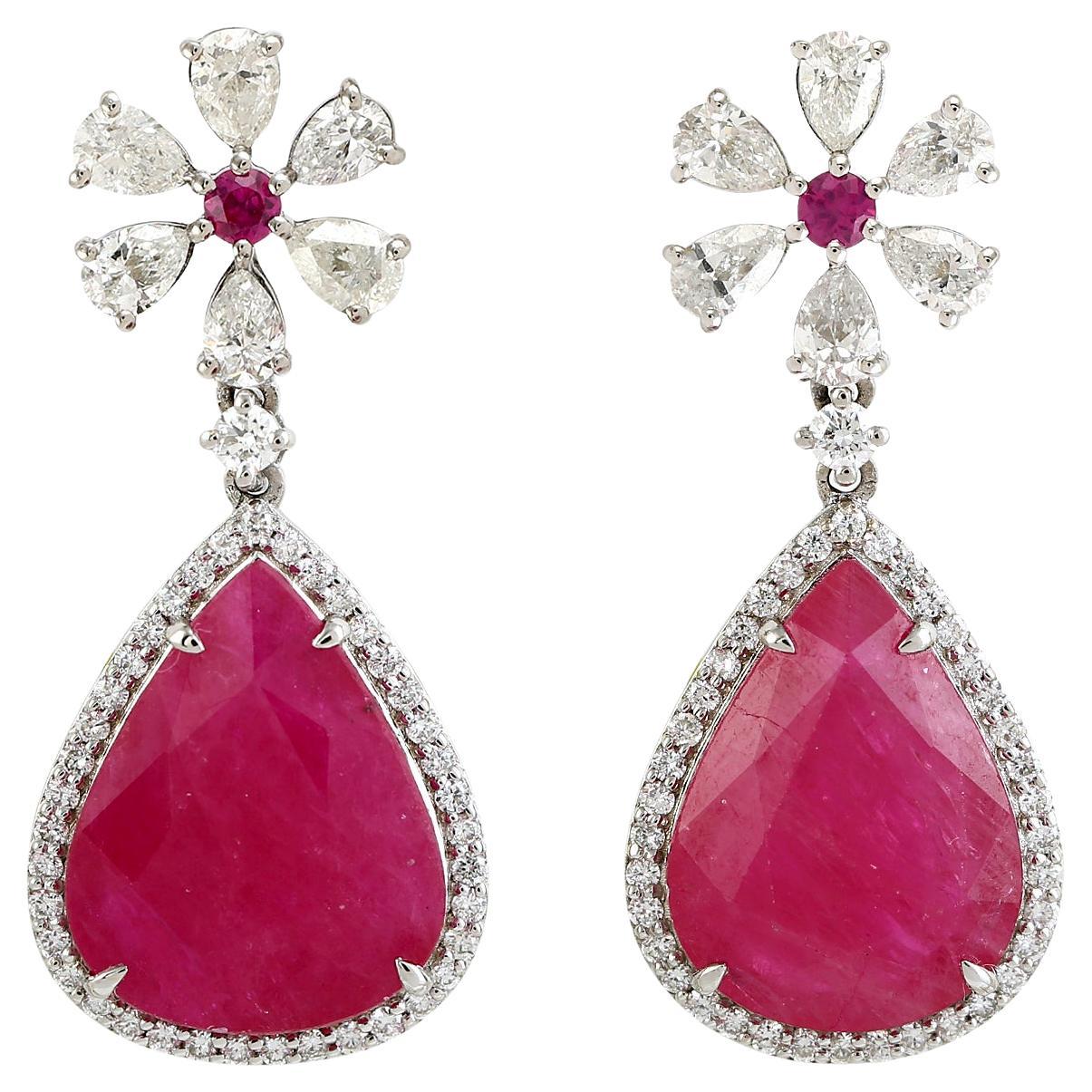 Two Tier Mosambic Ruby Dangle Earrings With Diamonds Made In 18k White Gold For Sale