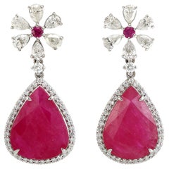 Two Tier Mosambic Ruby Dangle Earrings With Diamonds Made In 18k White Gold