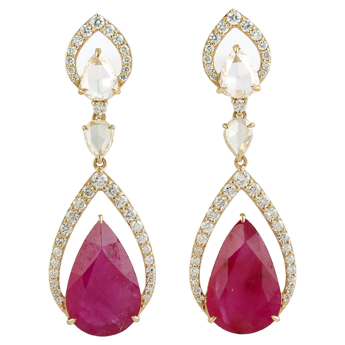 Two Tier Mosambic Ruby Dangle Earrings With Diamonds Made In 18k White Gold For Sale