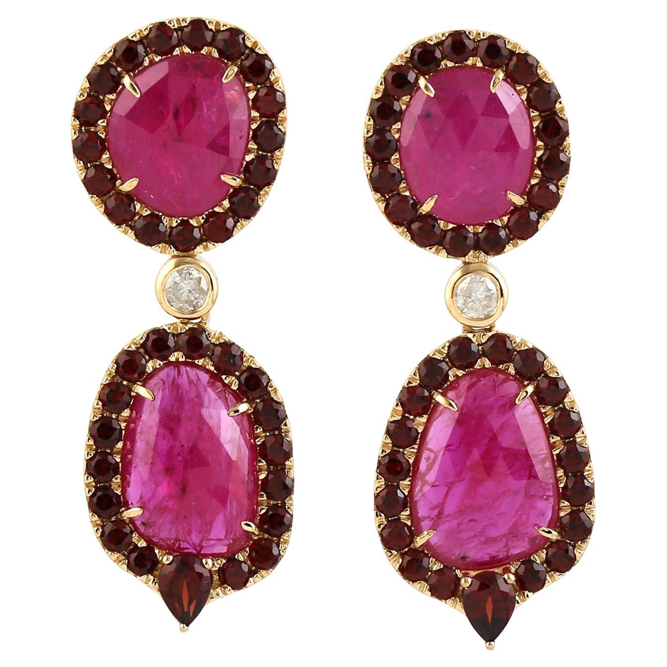 Two Tier Mosambic Ruby Dangle Earrings With Garnet Made in 18k Yellow Gold For Sale
