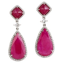 Two Tier Mozambique Ruby Dangle Earrings With Diamonds Made In 18k White Gold