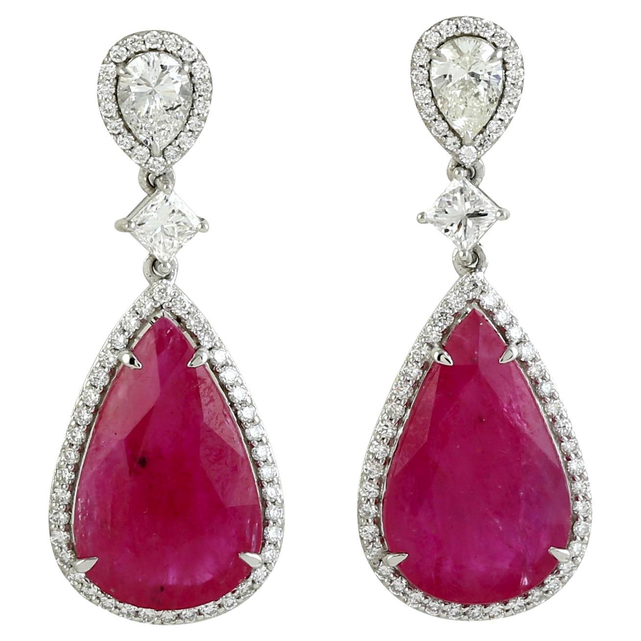 Two Tier Mozambique Ruby Dangle Earrings With Diamonds Made In 18k White Gold