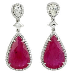 Two Tier Mozambique Ruby Dangle Earrings With Diamonds Made In 18k White Gold