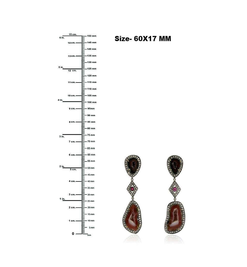 Mixed Cut Two Tier Multicolor Sliced Geode Dangle Earrings with Ruby & Pave Diamonds For Sale