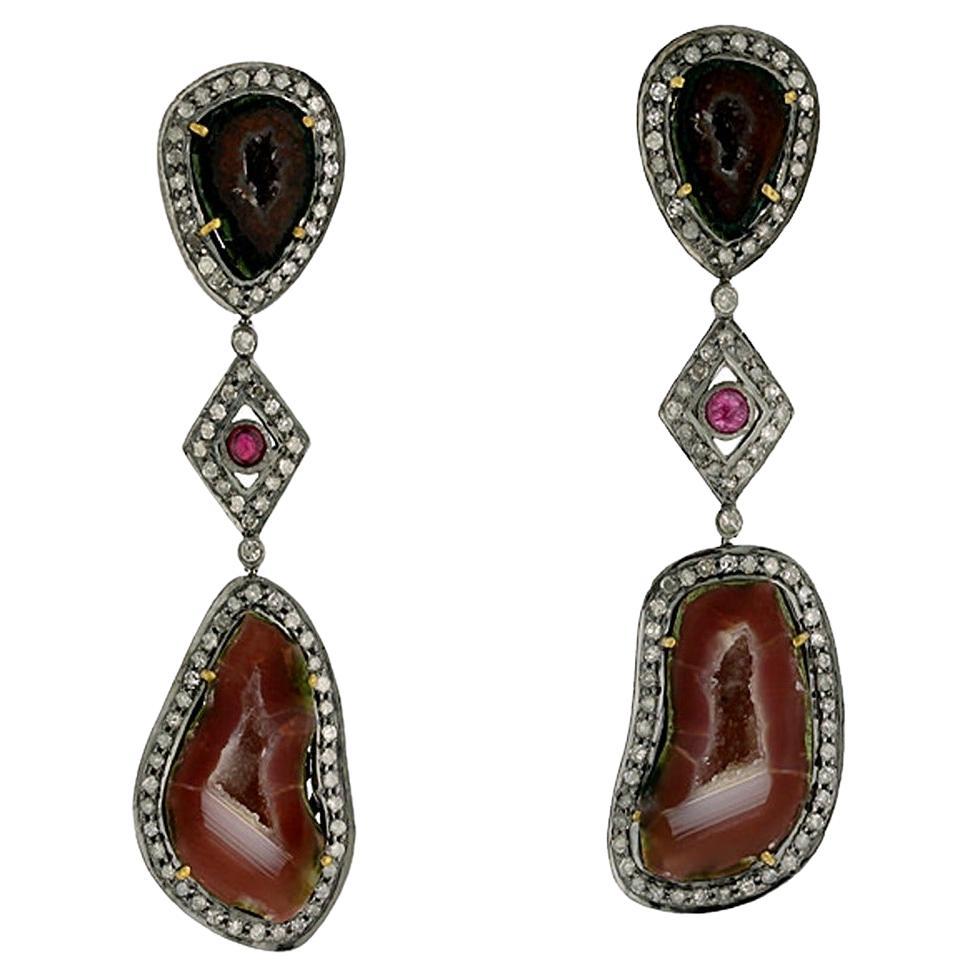Two Tier Multicolor Sliced Geode Dangle Earrings with Ruby & Pave Daimonds For Sale