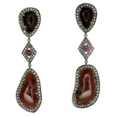 Two Tier Multicolor Sliced Geode Dangle Earrings with Ruby & Pave Daimonds