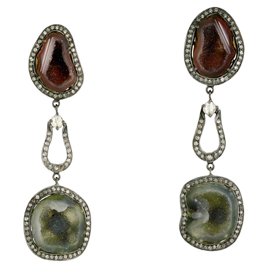Two Tier Multicolored Sliced Geode Dangle Earrings In 18k Yellow Gold & Silver For Sale