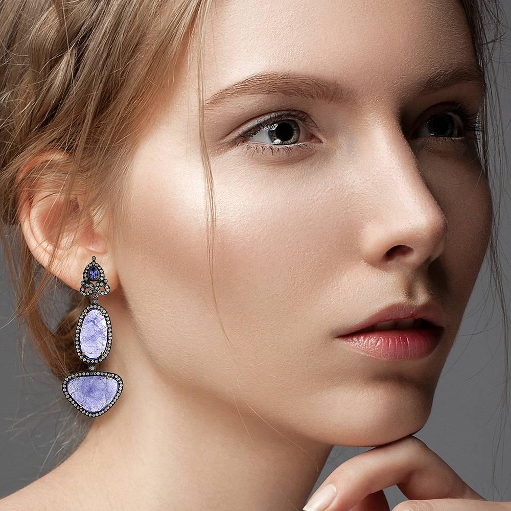 Artisan Two Tier Multishaped Tanzanite Dangle Earring With Diamonds In 18k Gold & Silver For Sale