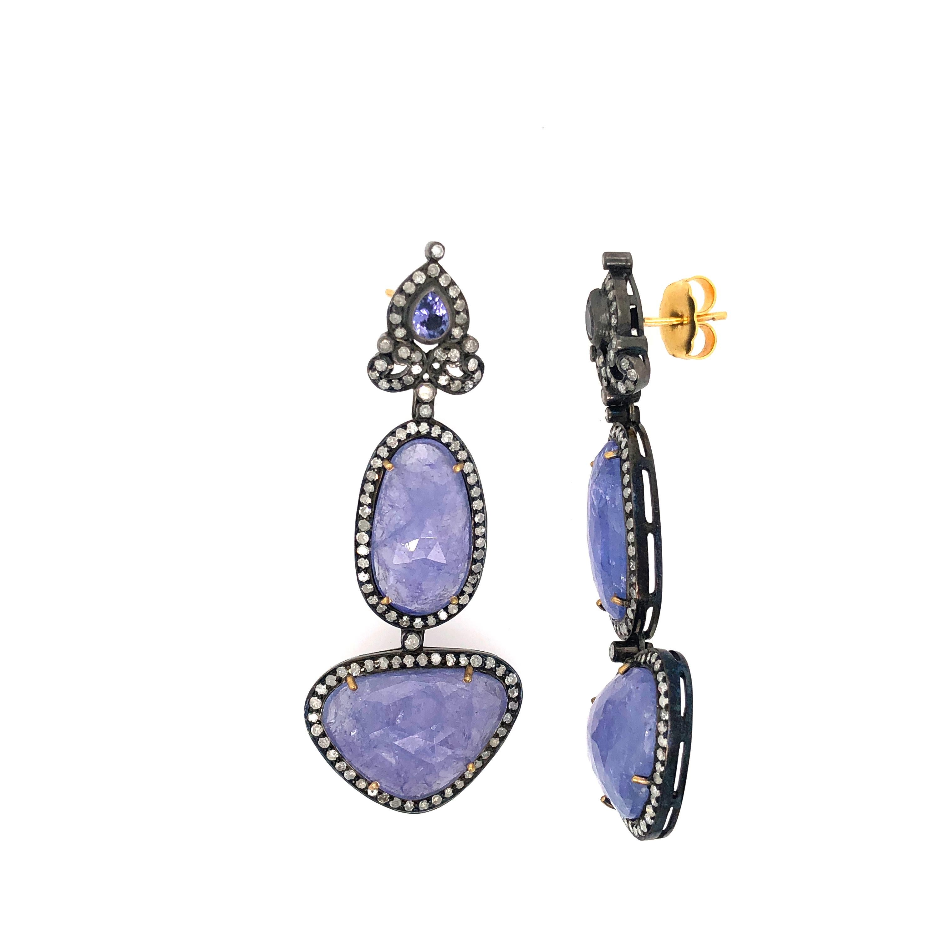 Mixed Cut Two Tier Multishaped Tanzanite Dangle Earring With Diamonds In 18k Gold & Silver For Sale