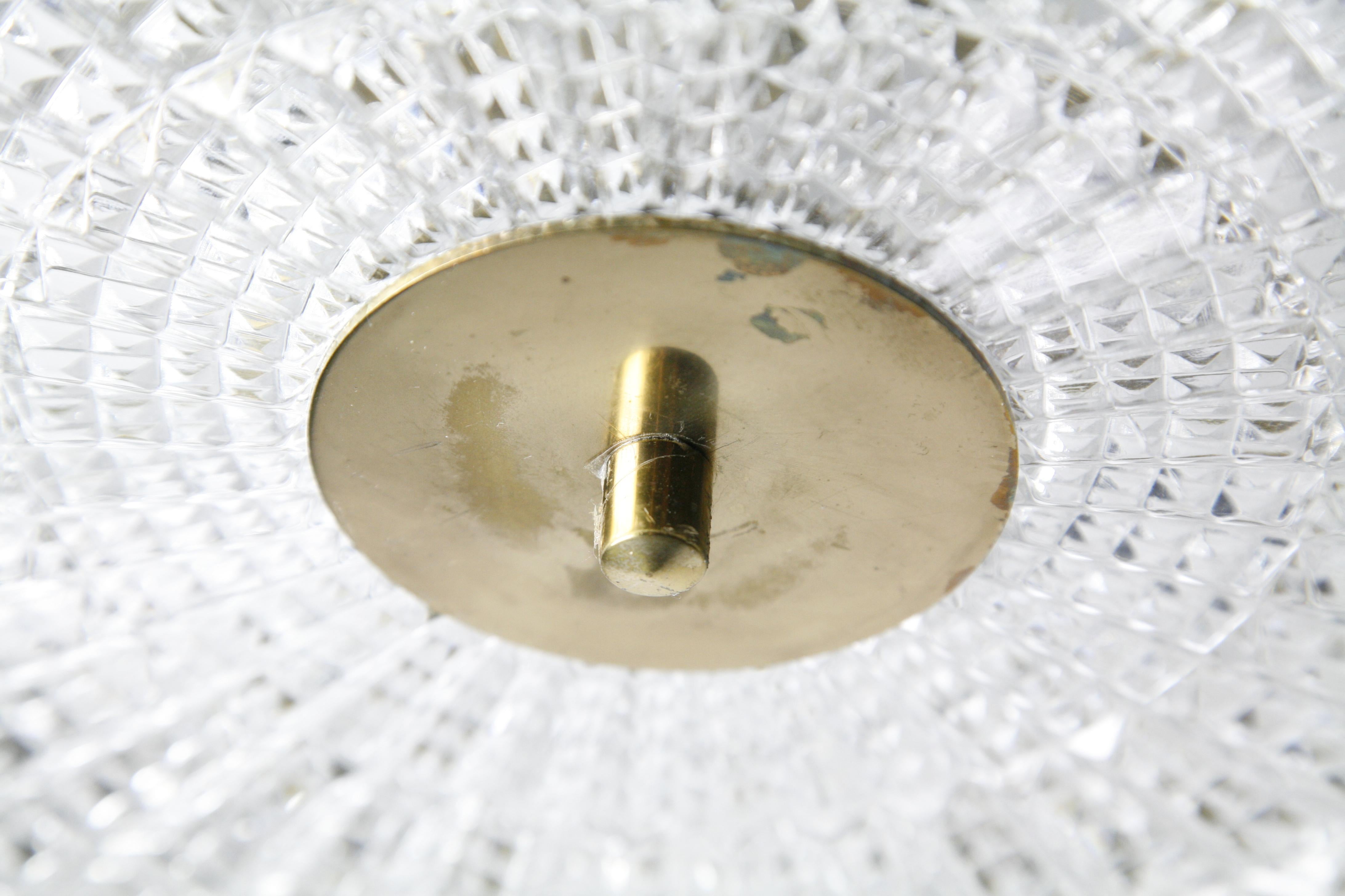 Brass Two-Tier Orrefors Crystal Flush Mount Designed by Carl Fagerlund, 1970, Sweden