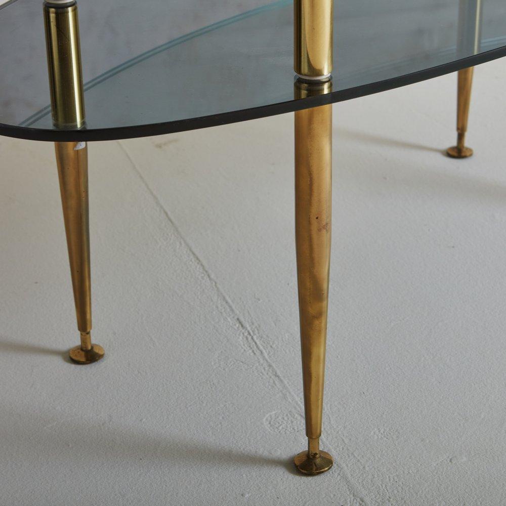 French Two Tier Oval Glass + Brass Coffee Table, France, 1950s
