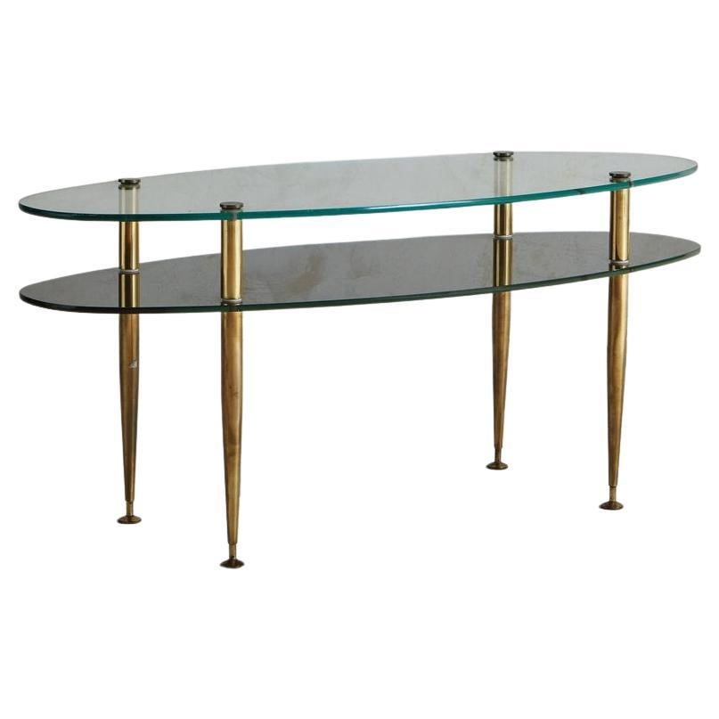 Two Tier Oval Glass + Brass Coffee Table, France, 1950s