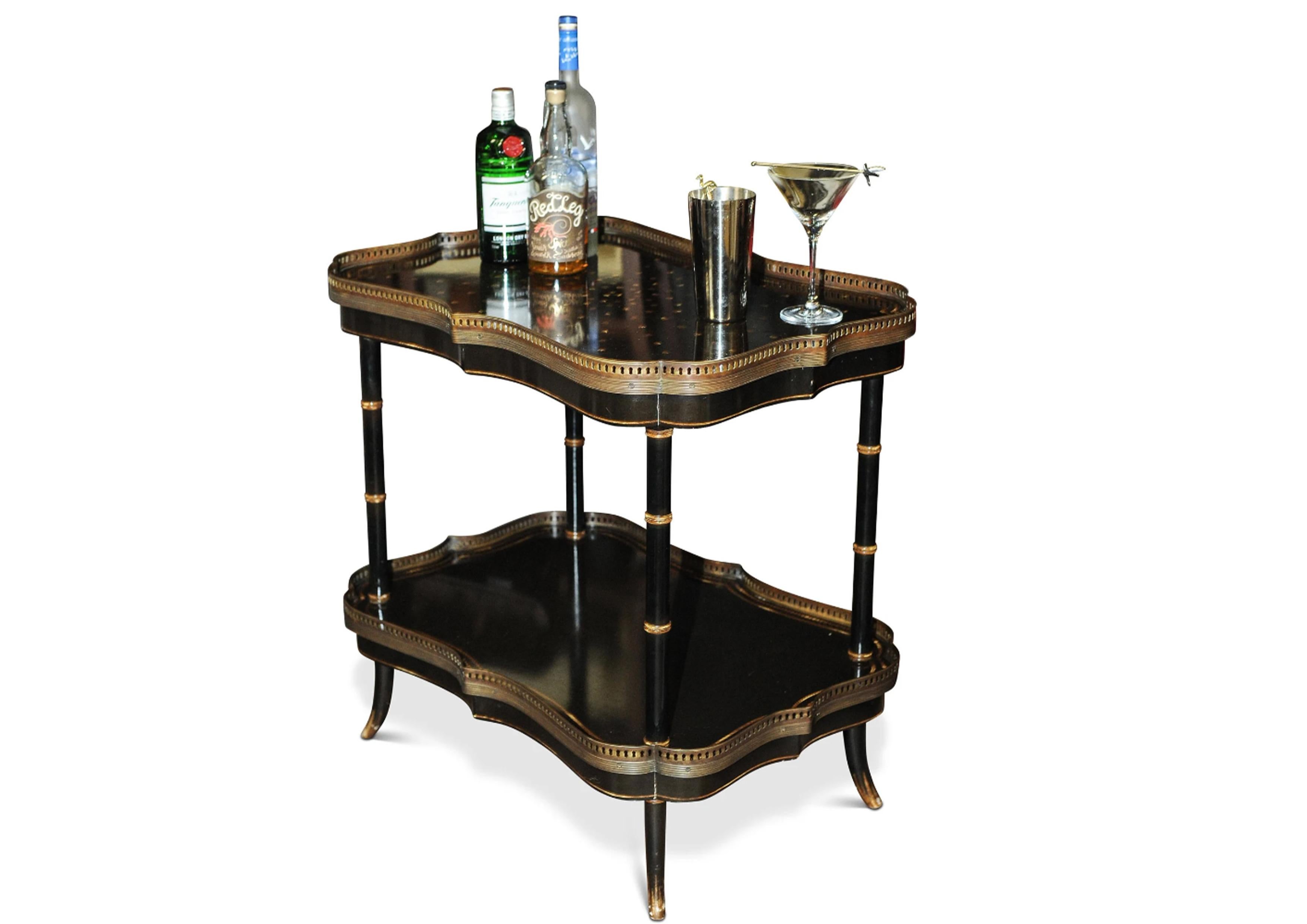 Regency Two Tier Painted Faux Bamboo Style Ebonized Étagére with Decorative Brass Edges