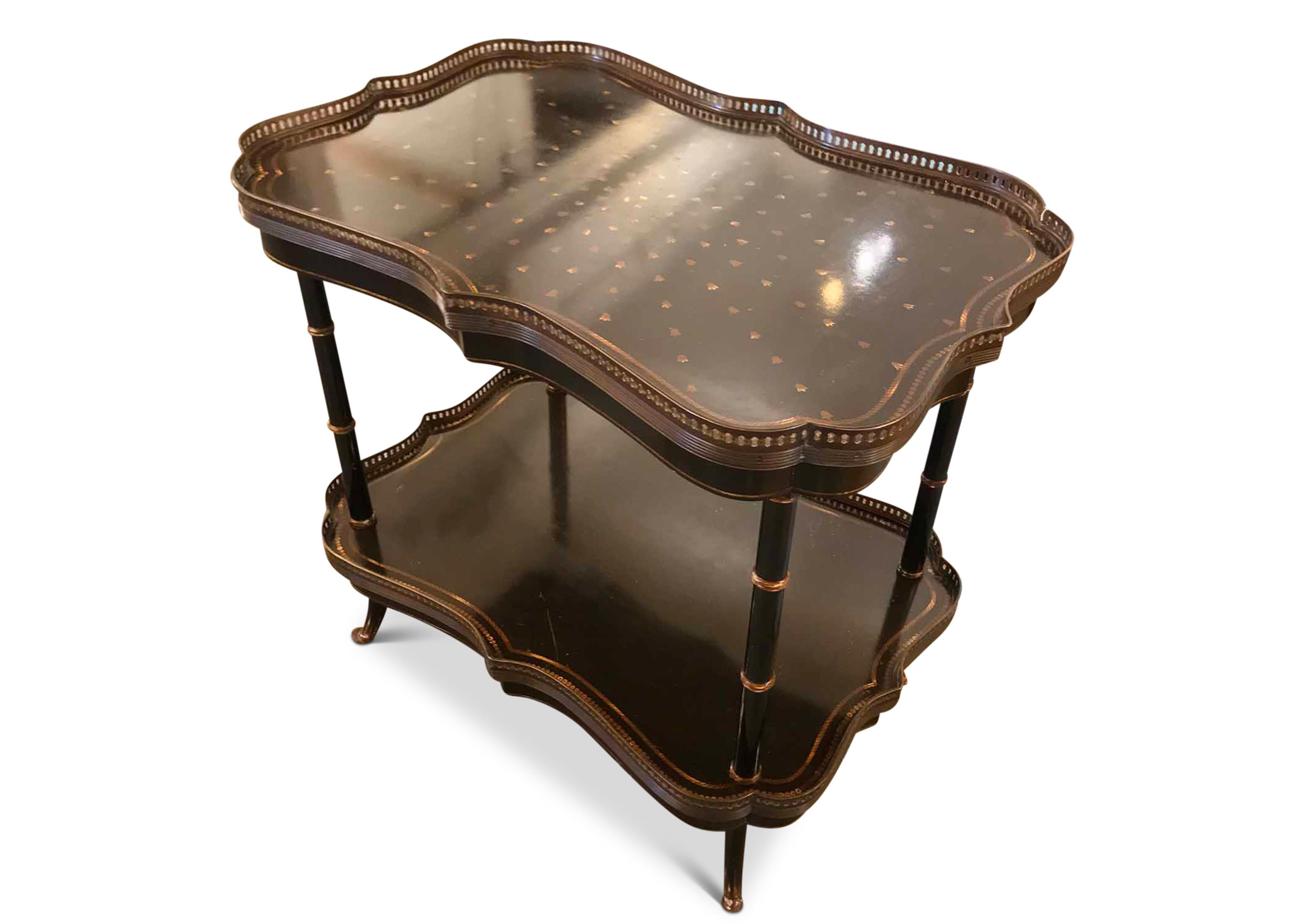 20th Century Two Tier Painted Faux Bamboo Style Ebonized Étagére with Decorative Brass Edges