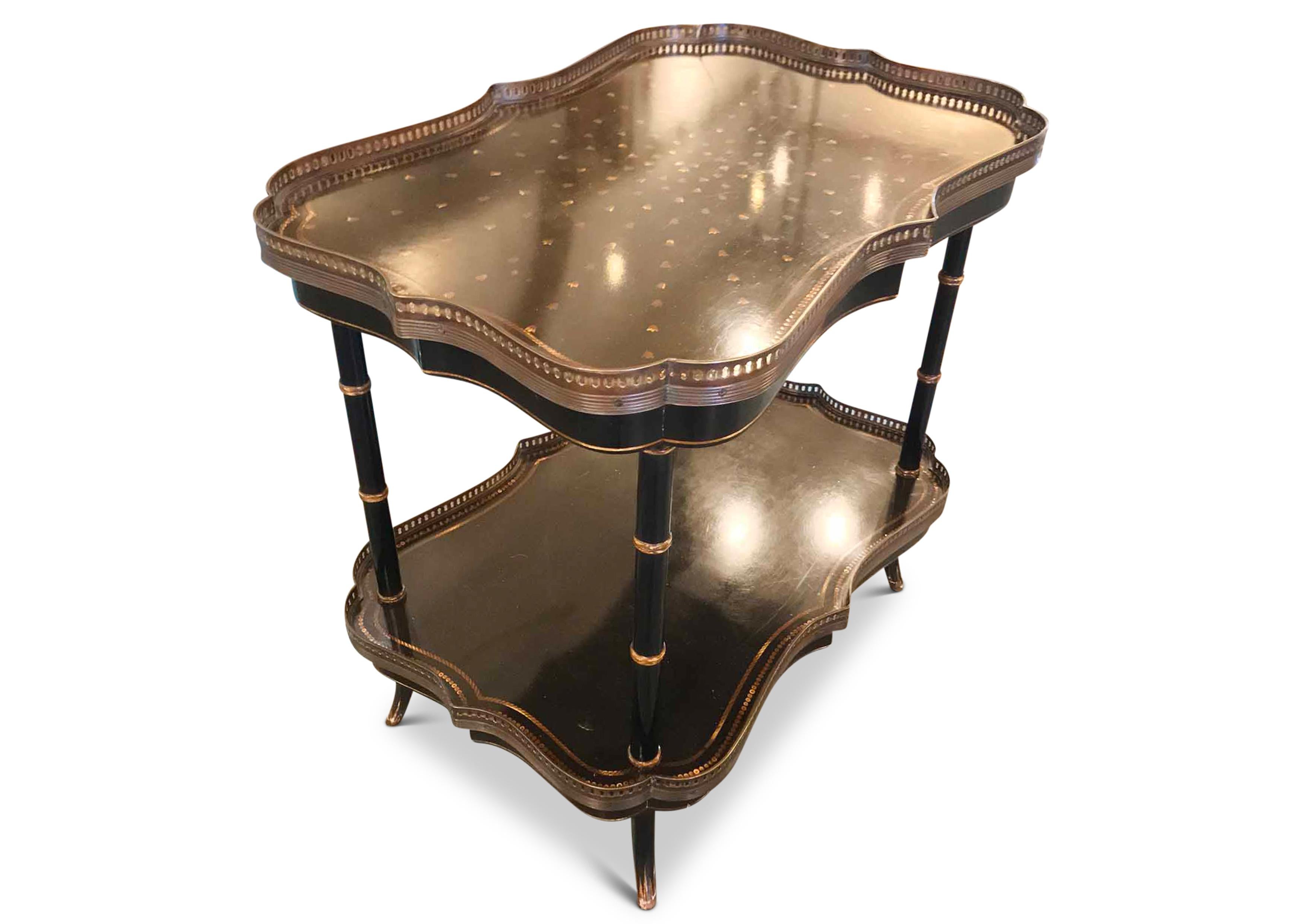 Two Tier Painted Faux Bamboo Style Ebonized Étagére with Decorative Brass Edges 1