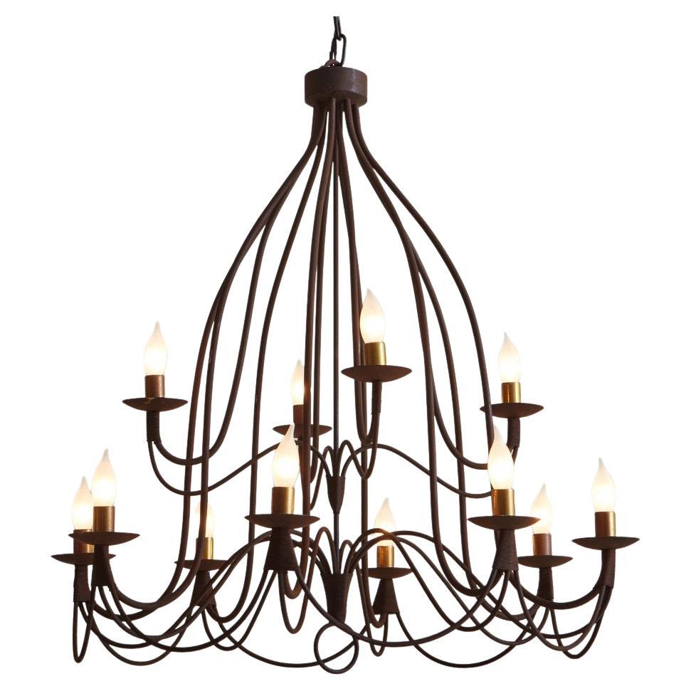 Two-Tier Patinated Iron Curved Chandelier, Italy, 1990s For Sale