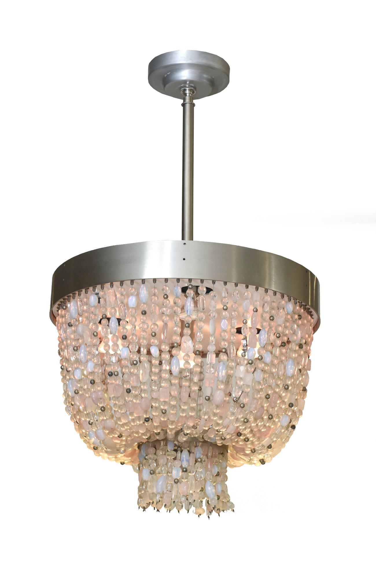  Quartz and Stainless Steel Two Tier Pink Lavaliere Chandelier by Thomas Fuchs For Sale 5