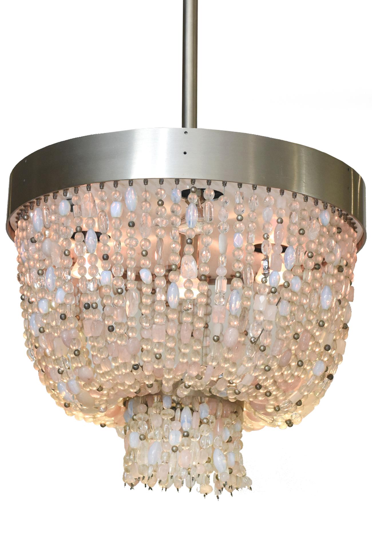 Silver  Quartz and Stainless Steel Two Tier Pink Lavaliere Chandelier by Thomas Fuchs For Sale