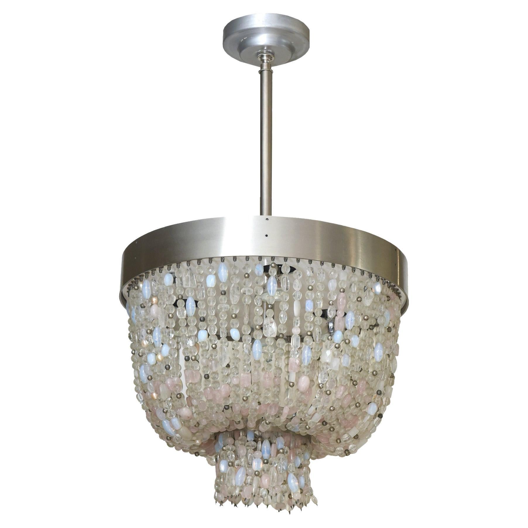  Quartz and Stainless Steel Two Tier Pink Lavaliere Chandelier by Thomas Fuchs For Sale