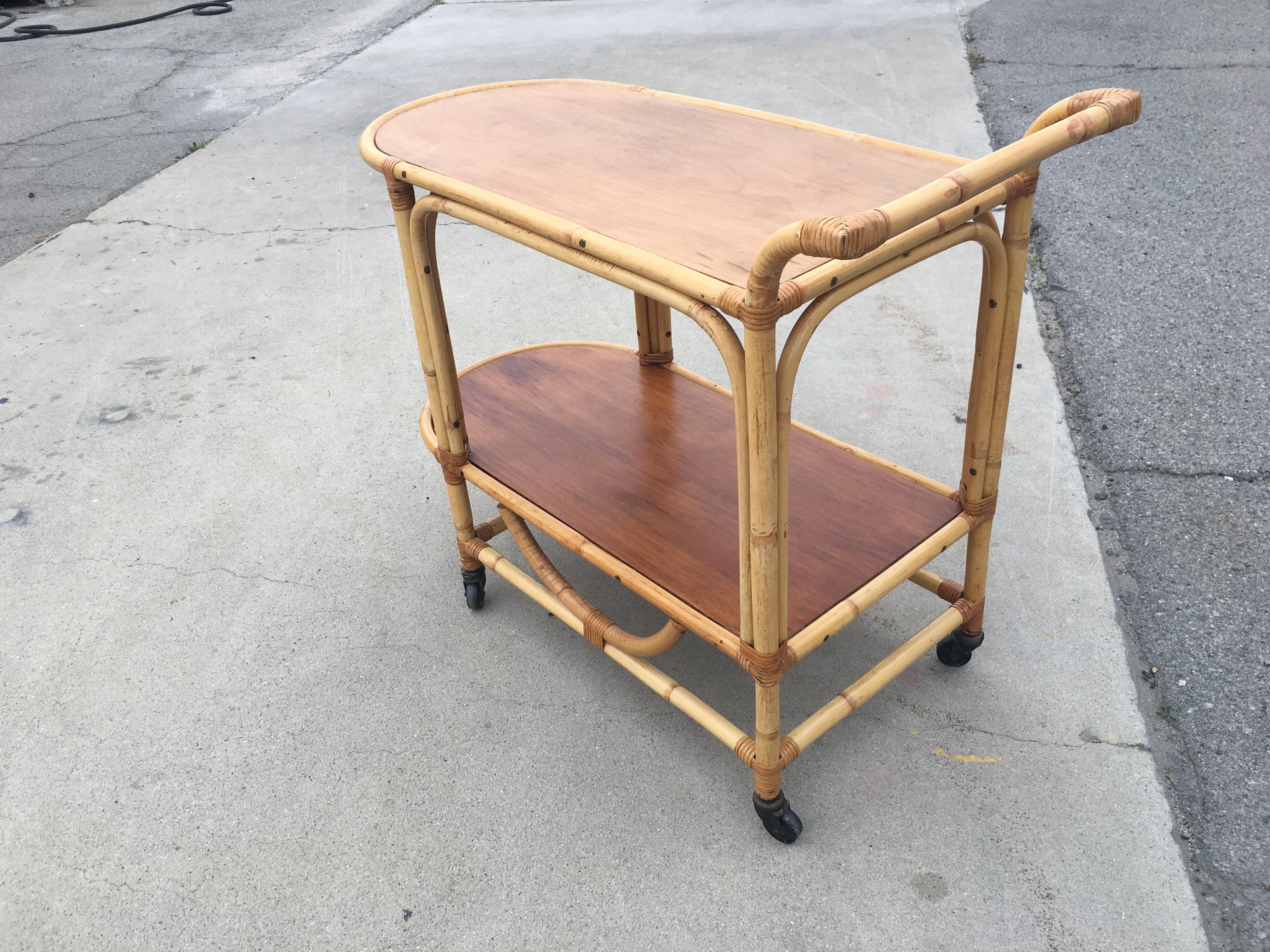 Two-Tier Rattan and Mahogany Tombstone Bar Cart For Sale 1