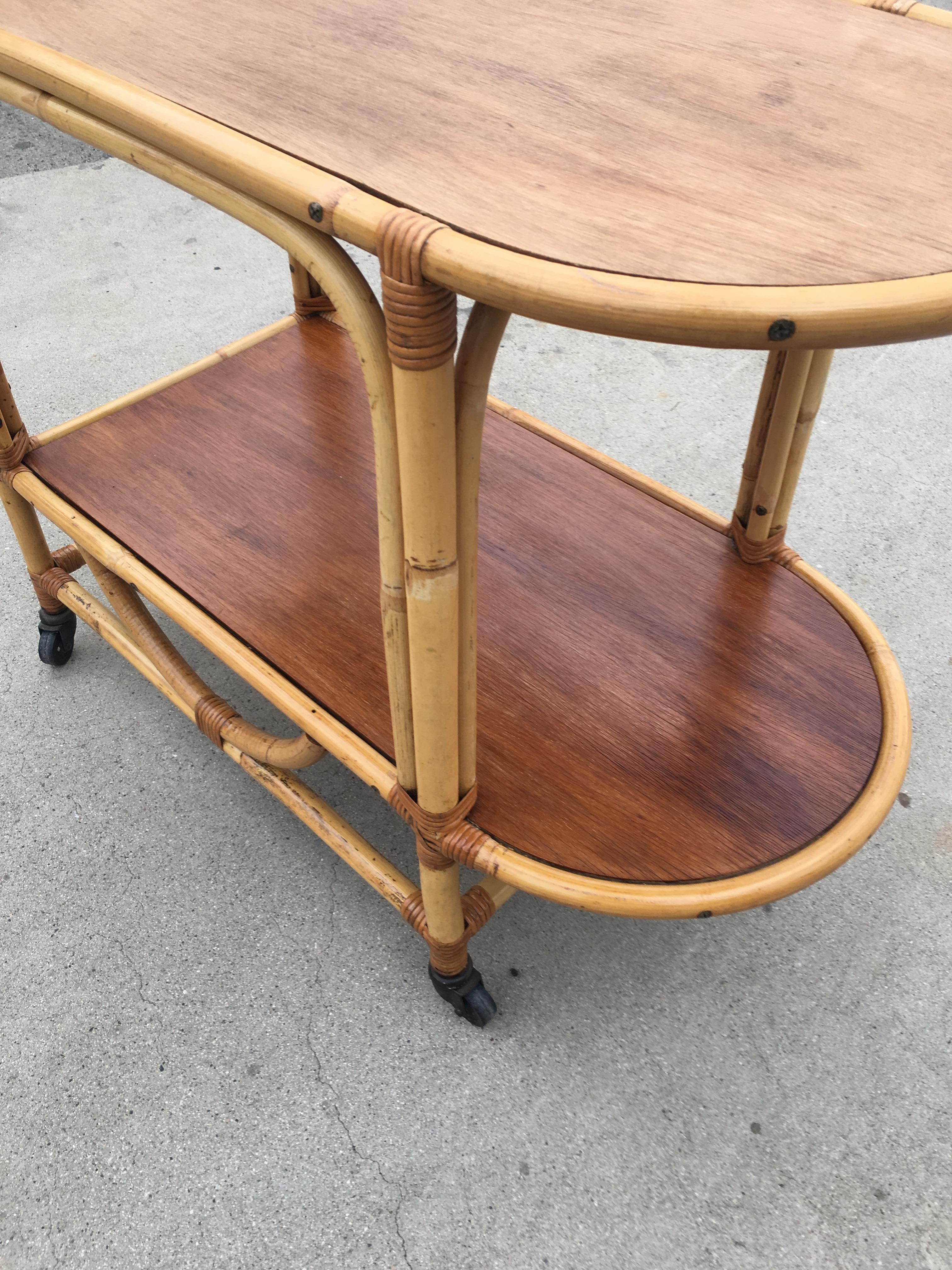 Mid-Century Modern Two-Tier Rattan and Mahogany Tombstone Bar Cart For Sale